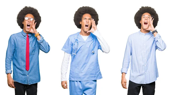 Collage Young Man Afro Hair White Isolated Background Shouting Screaming — Stock Photo, Image