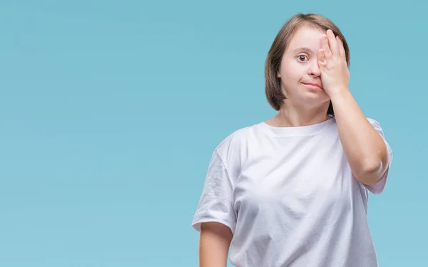 Mujer Adulta Joven Con Síndrome Sobre Fondo Aislado Que Cubre — Foto de Stock