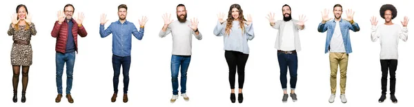 Коллаж Людей Белом Изолированном Фоне Показывая Указывая Пальцами Номер Десять — стоковое фото