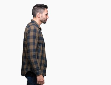 Yakışıklı delikanlı izole arka tarafına, seyir üzerinde dinlenmek doğal yüz emin gülümseme ile pozuyla profili.