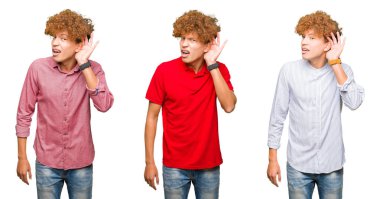 Kolaj bir söylenti ya da dedikodu için bir işitme dinlerken kulak üzerinde el ile gülümseyen izole beyaz arka plan üzerinde kıvırcık saçlı genç iş adamı. Sağırlık kavramı.