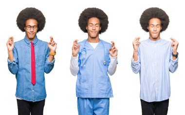 Umut ve gözleri kapalı geçiş parmaklarıyla gülümseyen beyaz izole arka plan üzerinde afro saçlı Genç adam kolaj. Şans ve batıl kavramı.