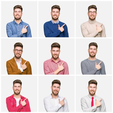 Beyaz izole arka plan neşeli bir gülümseme ile el ve parmak kadar yan yüzünde mutlu ve doğal ifade ile işaret yüz üzerinden farklı giymiş yakışıklı genç iş adamı kolaj görünüyor