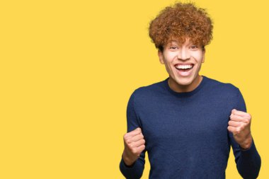 Gülümseyen ve başarı için çığlık yakışıklı delikanlı afro saçlı çok mutlu ve heyecanlı kaldırdı, silah ile kazanan jest yapıyor. Kutlama kavramı.