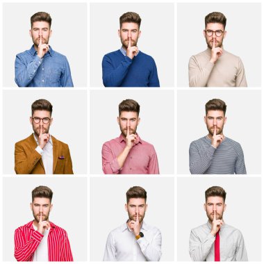 Yakışıklı genç iş adamı farklı giyen kolaj dudaklarında parmak ile sessiz olmanı beyaz izole arka plan üzerinde görünüyor. Sessizlik ve gizli kavramı.