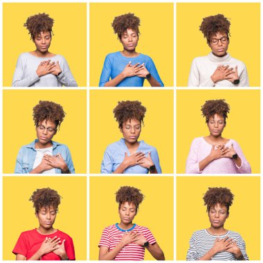 Göğüs kapalı gözler ve yüzünde minnettar jest ile kolaj ile gülümseyen izole Sarı zemin üzerinde genç güzel Afrikalı kızın eller. Sağlık kavramı.