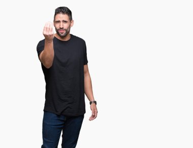 Yakışıklı delikanlı izole arka plan üzerinde yapıyor İtalyan jest el ve parmak emin ifadesiyle