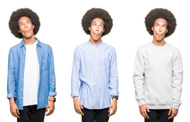 Beyaz izole arka plan yapma balık yüzüne dudaklı, çılgın ve komik bir jest afro saçlı genç adam kolaj. Komik ifade.
