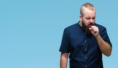 Duygu iyi ve soğuk veya bronşit için semptom olarak öksürük izole arka plan Genç beyaz hipster adam. Sağlık kavramı.