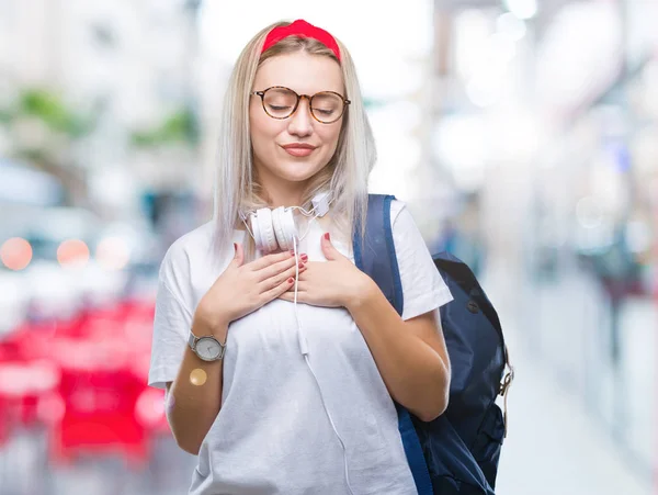 Ung Blond Student Kvinna Bär Glasögon Och Ryggsäck Över Isolerade — Stockfoto