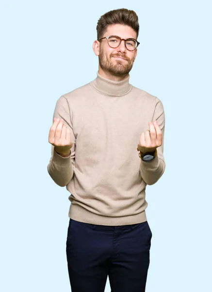 Joven Hombre Negocios Guapo Con Gafas Haciendo Gesto Dinero Con — Foto de Stock