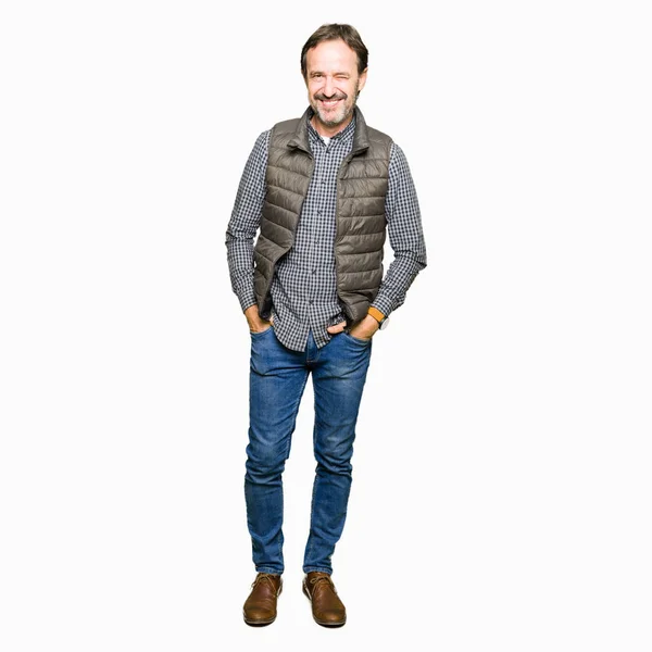Middle Age Handsome Man Wearing Winter Vest Winking Looking Camera — Stock Photo, Image
