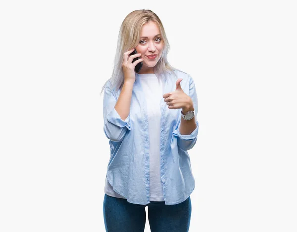 Young Blonde Woman Talking Using Smarpthone Isolated Background Happy Big — Stock Photo, Image