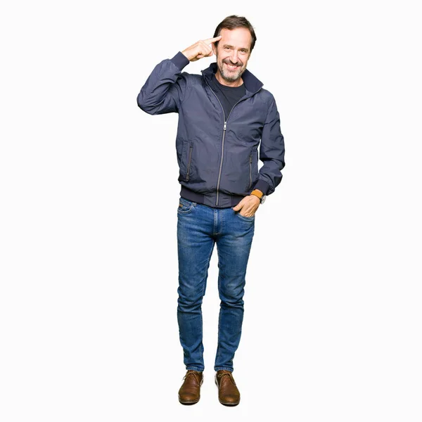 Middle Age Handsome Man Wearing Jacket Smiling Pointing Head One — Stock Photo, Image