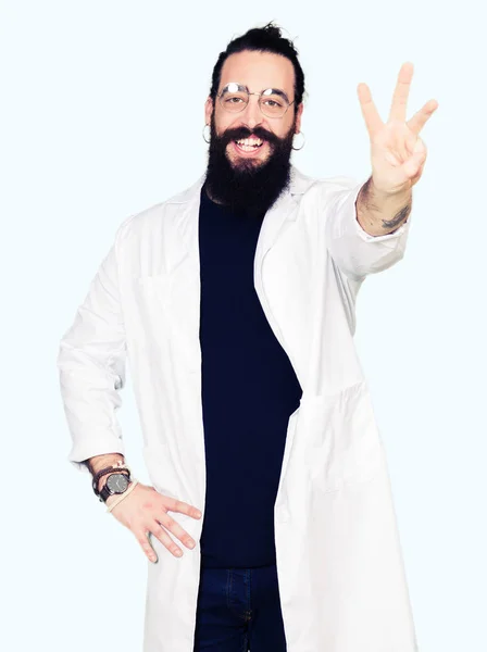 Doctor Therapist Man Long Hair Bear Wearing White Coat Showing — Stock Photo, Image