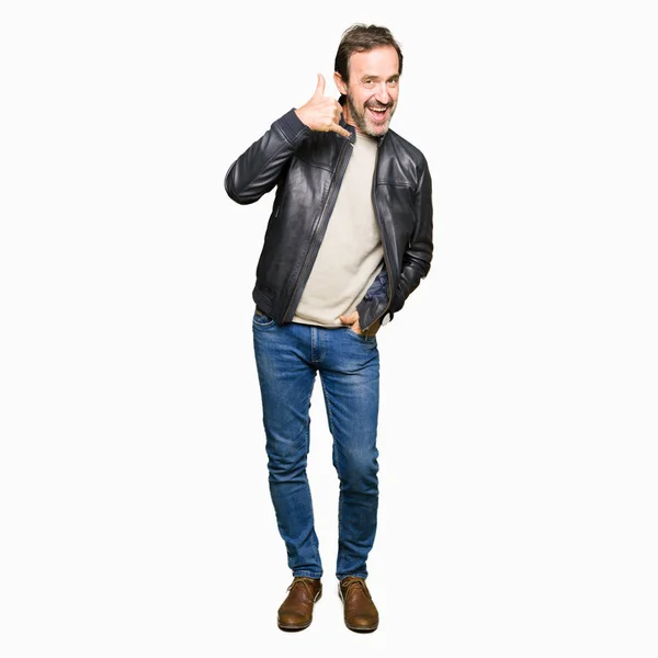 Middle Age Handsome Man Wearing Black Leather Jacket Smiling Doing — Stock Photo, Image