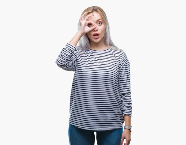 Young Blonde Woman Isolated Background Doing Gesture Shocked Surprised Face — Stock Photo, Image