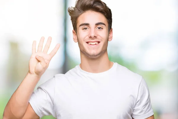 Jonge Knappe Man Dragen Witte Shirt Geïsoleerde Achtergrond Weergeven Met — Stockfoto