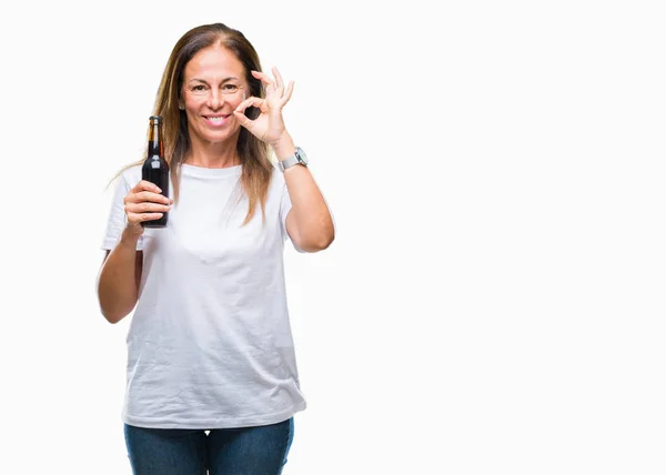 Middle Age Hispanic Woman Drinking Beer Isolated Background Doing Sign — Stock Photo, Image