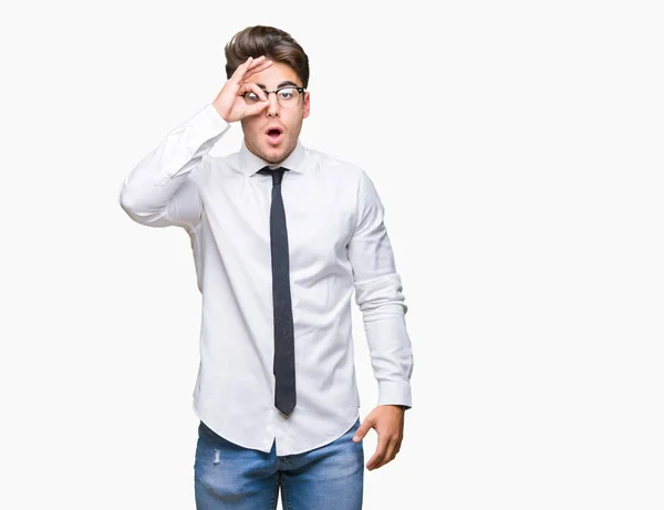 Joven Hombre Negocios Con Gafas Sobre Fondo Aislado Haciendo Gesto —  Fotos de Stock