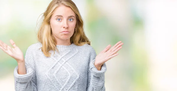 Bella Giovane Donna Che Indossa Maglione Invernale Sfondo Isolato Espressione — Foto Stock