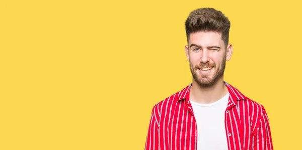 Young Handsome Man Wearing Red Shirt Winking Looking Camera Sexy — Stock Photo, Image
