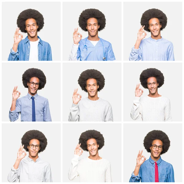 Kolaj Afro Saçlı Parmaklar Işaretiyle Yapıyor Olumlu Üzerinde Beyaz Izole — Stok fotoğraf