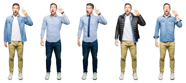 Collage Van Aantrekkelijke Jonge Man Witte Geïsoleerde Achtergrond Vinger Omhoog — Stockfoto