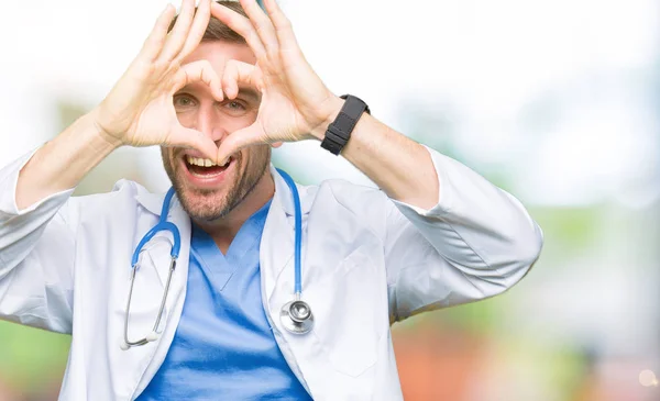 Handsome Doctor Man Wearing Medical Uniform Isolated Background Doing Heart — Stock Photo, Image