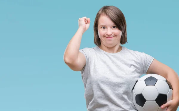 Mujer Adulta Joven Con Síndrome Sosteniendo Pelota Fútbol Sobre Fondo —  Fotos de Stock