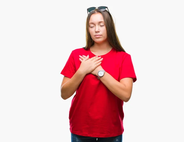 Joven Hermosa Mujer Caucásica Con Gafas Sol Sobre Fondo Aislado — Foto de Stock