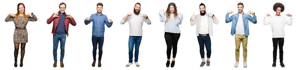 Collage Personas Sobre Fondo Blanco Aislado Mirando Confiado Con Sonrisa —  Fotos de Stock