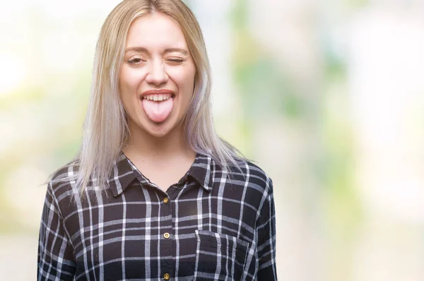 Jonge Blonde Vrouw Geïsoleerde Achtergrond Steken Tong Uit Blij Met — Stockfoto