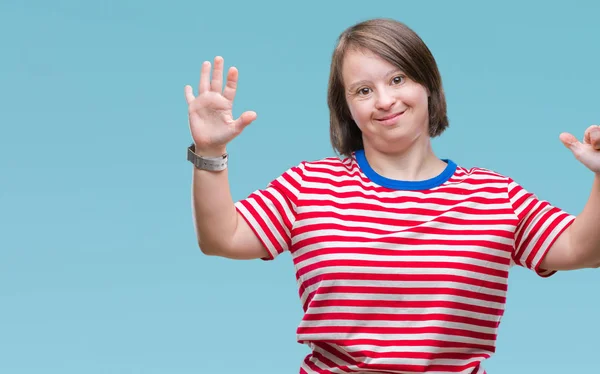 Mladé Dospělé Ženy Downovým Syndromem Izolované Pozadí Zobrazení Ukázal Prsty — Stock fotografie