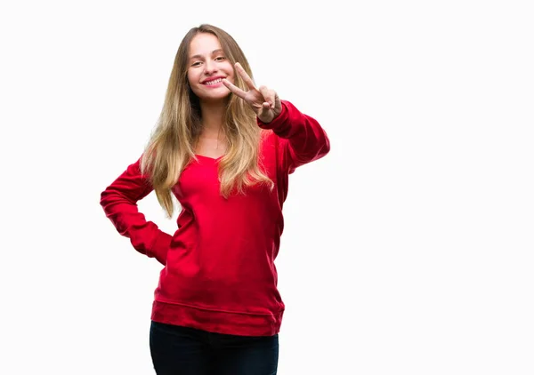 Joven Hermosa Mujer Rubia Con Suéter Rojo Sobre Fondo Aislado —  Fotos de Stock
