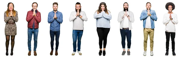Colagem Pessoas Sobre Fundo Isolado Branco Orando Com Mãos Juntas — Fotografia de Stock