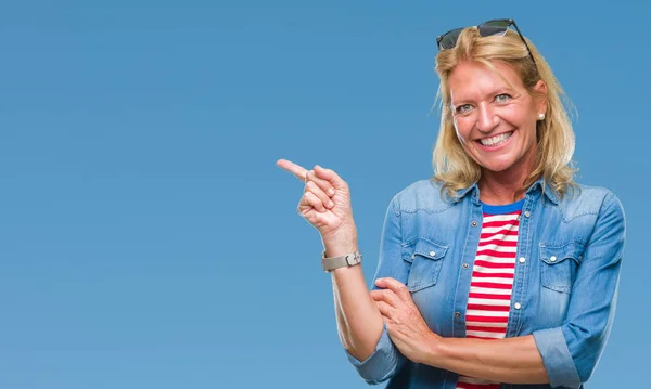 Middle Age Blonde Woman Isolated Background Big Smile Face Pointing — Stock Photo, Image