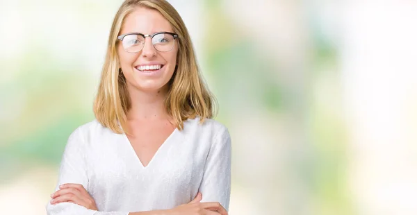 Hermosa Joven Con Gafas Sobre Fondo Aislado Cara Feliz Sonriendo —  Fotos de Stock