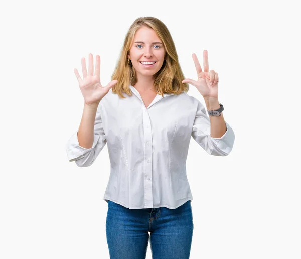 Mooie Jonge Zakenvrouw Geïsoleerde Achtergrond Weergeven Met Vingers Omhoog Nummer — Stockfoto