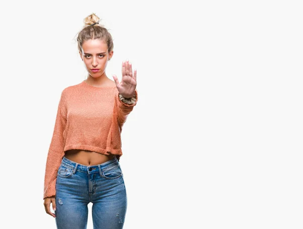 Mooie Jonge Blonde Vrouw Geïsoleerde Achtergrond Stop Doen Zingen Met — Stockfoto