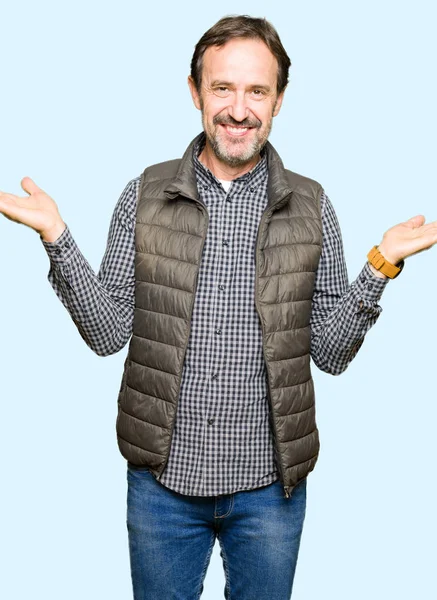 Middle Age Handsome Man Wearing Winter Vest Smiling Showing Both — Stock Photo, Image