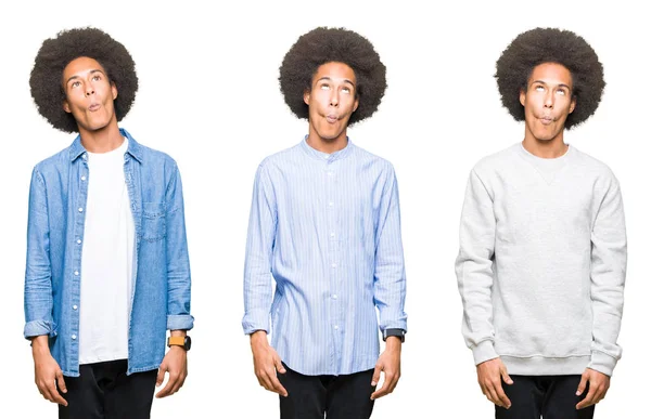 Collage Ung Man Med Afro Hår Över Vit Isolerade Bakgrund — Stockfoto