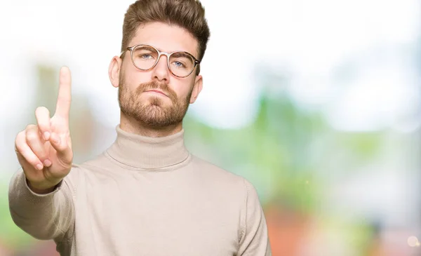 Junger Gutaussehender Geschäftsmann Mit Brille Die Mit Erhobenem Finger Und — Stockfoto