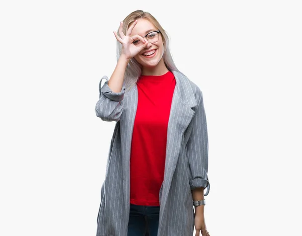 Jovem Mulher Negócios Loira Vestindo Jaqueta Moda Sobre Fundo Isolado — Fotografia de Stock