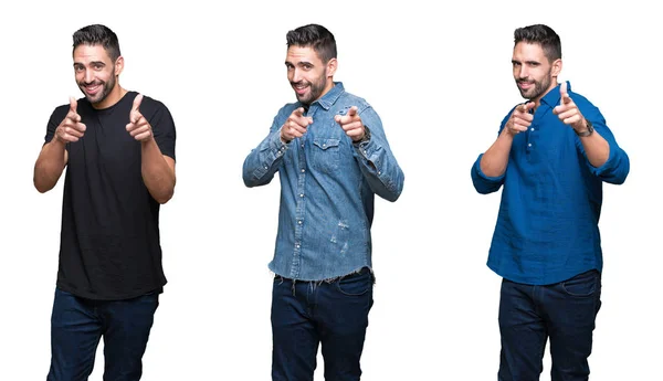 Colagem Homem Bonito Sobre Fundo Isolado Branco Apontando Dedos Para — Fotografia de Stock