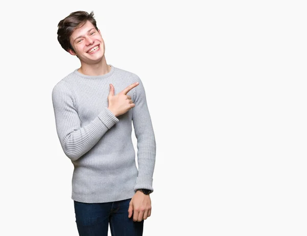 Jovem Homem Bonito Vestindo Camisola Inverno Sobre Fundo Isolado Alegre — Fotografia de Stock