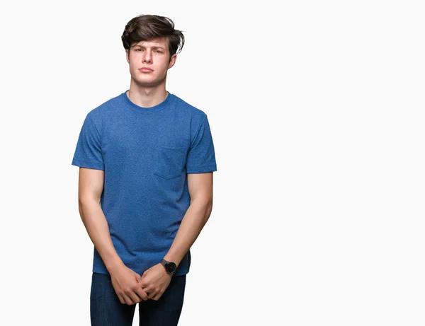 若いハンサムな男の問題のため分離背景懐疑論者と神経 しかめっ面の動揺に青い シャツを着てします 否定的な人 — ストック写真