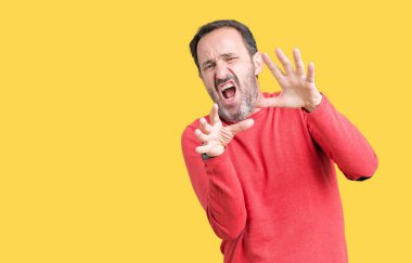 Şokta bağırarak korkuyor ve dehşet korku ifade dur hareketi el ile ile izole arka plan üzerinde kış kazak giymiş yakışıklı orta yaş ağarmış komuta sizde. Panik kavramı.