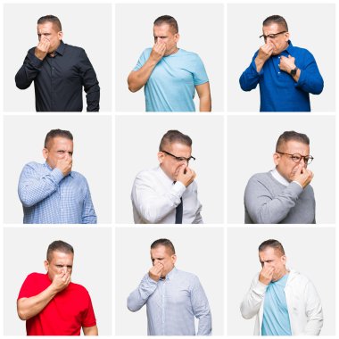 Orta yaş Arap adam bir şey pis ve iğrenç kokulu izole arka plan, dayanılmaz koku, holding nefes burun parmaklar ile bileşimi. Kötü kokuyor kavramı.