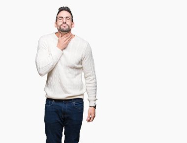 Ağrılı boyun, boğaz grip, kesek ve enfeksiyon dokunmadan genç yakışıklı adam gözlük izole üzerinde arka plan